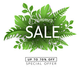 Obraz premium Sprzedam baner, plakat z liści palmowych, kwiatowy tropikalny lato tło.