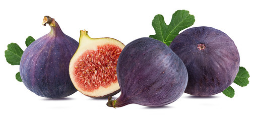 Fresh figs with leafs isolated on white background with clipping path