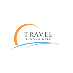 Fototapeta na wymiar summer Travel and tour agency vector logo design. Beach, Sea, Sunset, Template