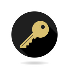 Fine golden key icon in the circle. Flat design and long shadow