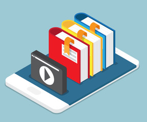 online education, lesson, tutorial concept books on mobile with multimedia icon