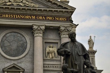Turin, Italy, Piedmont April 08 2018. The façade of the Basilica of Mary Help of Christians. Sanctuary erected by St. John Bosco as a monument of gratitude to the Virgin Mary, with title AUSILIATRICE