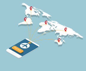 online booking on smartphone with airplane flight routes