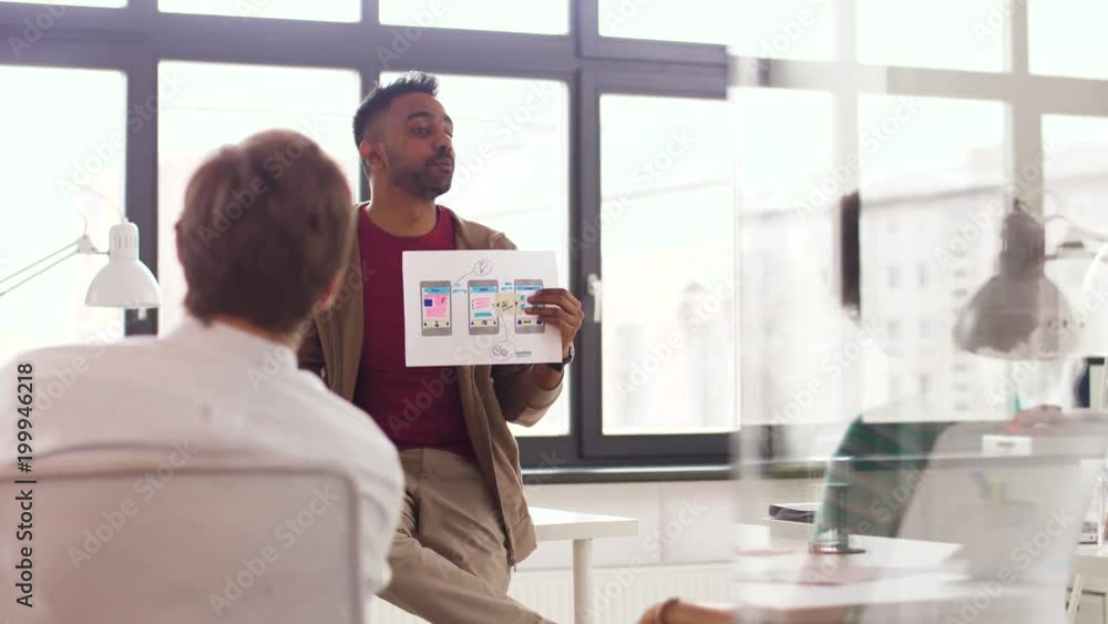 Poster business, technology and software development concept - man showing user interface mockup to creativ