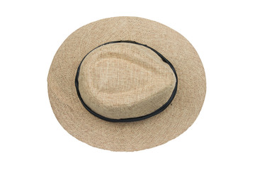 Top view vintage pretty straw hat isolated on white background