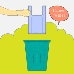 Hand disposing a plastic bag into the bin with text balloon. Reduce the use of plastic bag concept. Vector illustration.