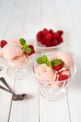 Rasberry ice cream balls served in glass dessert dishes