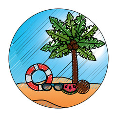 beach scene with palm and accessories vector illustration design