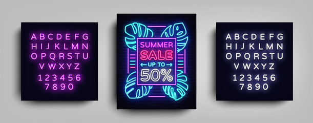 Fototapeta na wymiar Summer sale neon sign. Design template typography poster Summer Sales, Tropical flowers neon, Summer discounts neon, brochure, banner, bright advertising. Vector illustration. Editing text neon sign