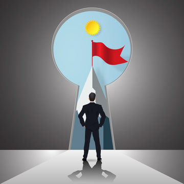 Businessman looking forward to opened door of chance, key hole and red flag on the peak mountain as business vision, future, direction, goal, success concept. vector illustration.