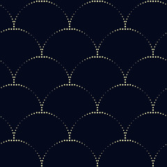 Elegant Japanese pattern abstract round shapes sea wave, fish scale traditional motif classic blue background dot line design. Simple geometric all over print block. © akilev