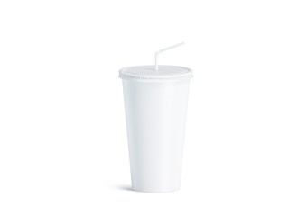 Blank white disposable cup with straw mock up isolated, 3d rendering. Empty paper soda drinking mug mockup with lid and tube front view. Clear soft drink cola take away plastic package