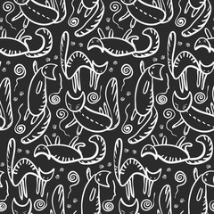 Monochrome seamless pattern with white outline cats silhouette with whiskers, paws and knotted clews on black. Doodle kittens texture for textile, wrapping paper, surface, wallpaper, cover, background