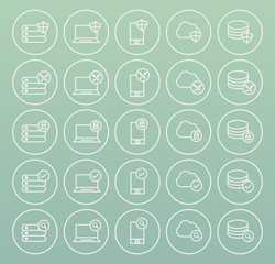 Set of Quality Universal Standard Minimal Simple White Thin Line Network , Technology and Analytics Icons on Circular Buttons on Color Background 