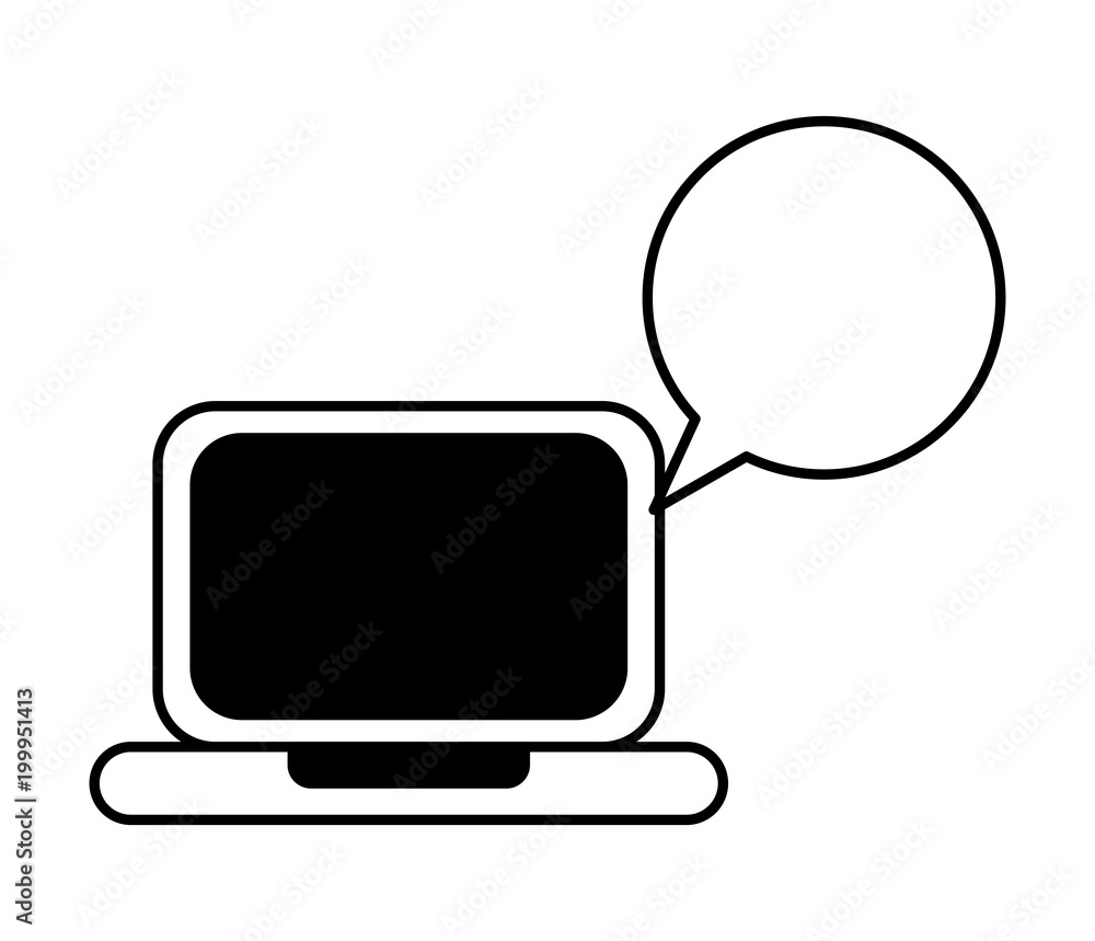 Poster laptop computer device with speech bubble vector illustration design