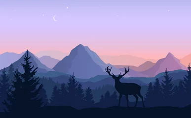 Foto op Plexiglas Purper Vectoravondlandschap met blauwe en paarse silhouetten van bergen, bos en staande herten
