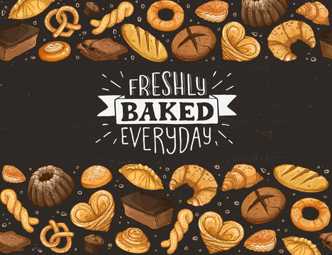 Freshly Baked everyday lettering. Horizontal border composition from hand drawn bread. Vector illustration for bakery shops isolated on white background. Fresh bread banner concept.