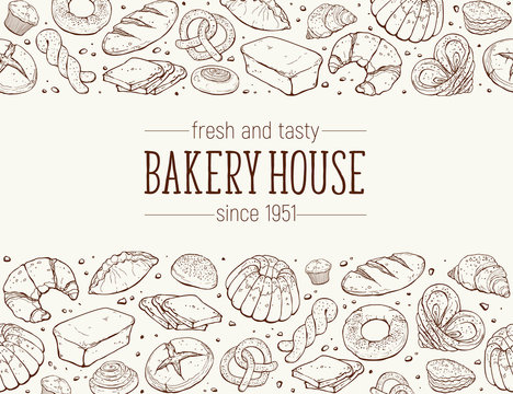 Bakery House. Horizontal border composition from hand drawn bread in sketch style. Vector illustration for bakery shops isolated. Fresh bread poster concept.
