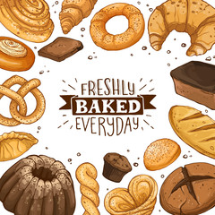 Freshly baked everyday lettering. Square frame composition from hand drawn bread. Vector illustration for bakery shops. Fresh bread around text banner design.