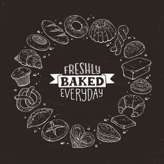 Freshly baked everyday lettering. Circle shape composition from hand drawn bread. Vector illustration for bakery shops isolated on  blackboard. Fresh bread poster concept.