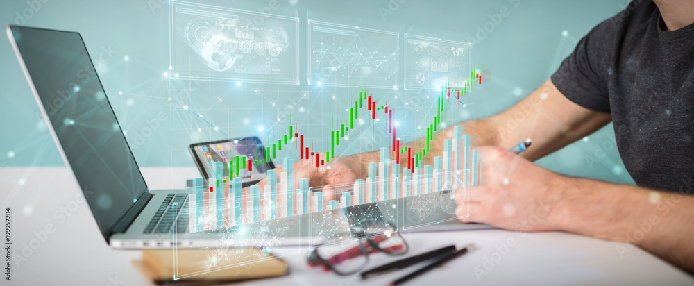Aufkleber Graphic designer using 3D rendering stock exchange datas and charts