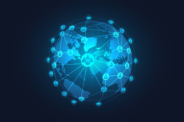 Global network connection. Blue globe hexagonal mesh and line isolated on dark as business, composition concept. Vector Illustration.