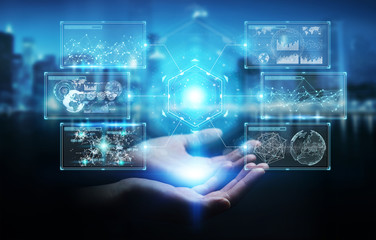 Businesswoman using digital screens interface with holograms datas 3D rendering