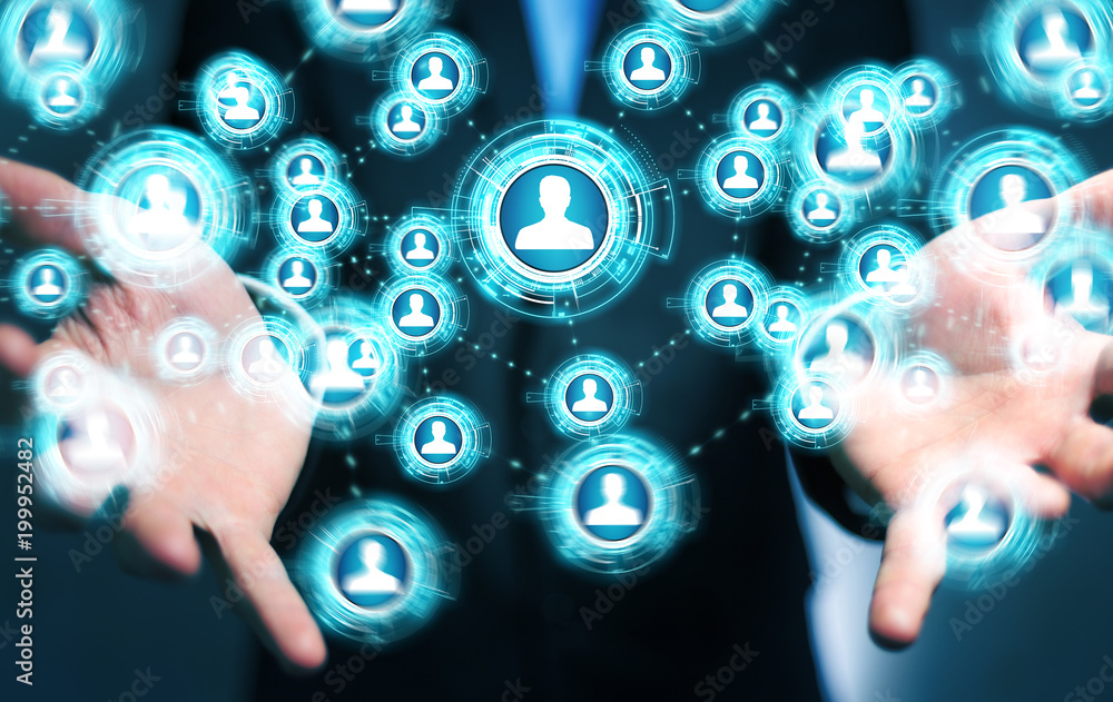 Poster Businessman using social network interface 3D rendering