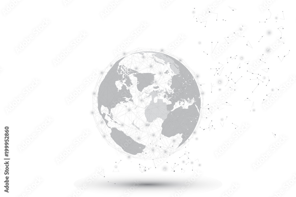 Poster global network connection. globe polygonal mesh and line as business , technology and composition co