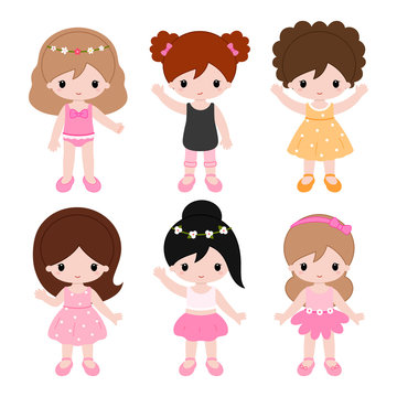 Cute little girls playing on the nature. Summer clipart. Vector.