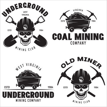 Set of mining or construction logos, badges, emblems and labels in vintage style. Monochrome Graphic Art. Vector Illustration.