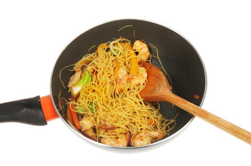 Noodle stir fry in a wok
