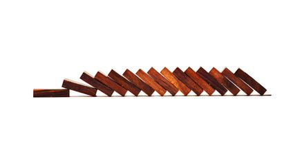Falling dominoes isolated on white background. Abstract concept, wooden domino, impact, fall, crash, close-up. Copy space for text