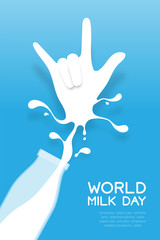 Fototapeta premium Milk splash I Love You hand sign language shape from bottle, World Milk Day concept flat design illustration isolated on blue gradient background with copy space, vector eps 10