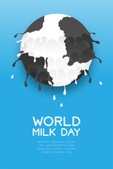 Milk splash world globe shape layer with cow pattern, World Milk Day concept flat design illustration isolated on blue gradient background with copy space, vector eps 10