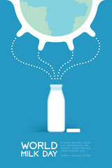 World Breast cow with milk in bottle, World Milk Day concept flat design illustration isolated on blue background with copy space, vector eps 10