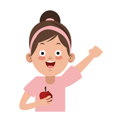 Beautiful little girl with apple healthy food cartoon vector illustration graphic design