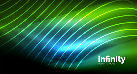 Abstract wave on dark background, shiny glowing neon digital background template