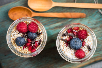 Healthy brunch with fresh fruits in jar