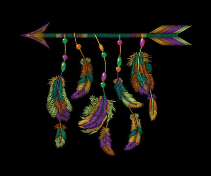 Colorful feathers arrow embroidery. Boho tribal clothes american indian bird motif ethnic embroidered background. Fashion template design vector illustration