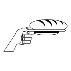 Hand holding bread on dish on black and white colors vector illustration