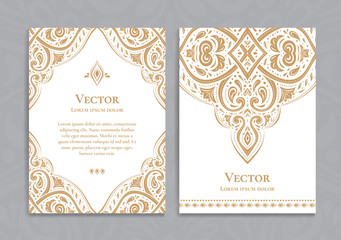 Gold vintage greeting card on a white background. Luxury ornament template. Great for invitation, flyer, menu, brochure, postcard, background, wallpaper, decoration, or any desired idea.