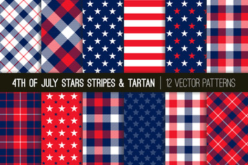 Patriotic Red, White, Blue Stars and Stripes and Tartan Plaid Vector Patterns. July 4th Independence Day Backgrounds. Hipster Lumberjack Flannel Shirt Fabric Textures. Pattern Tile Swatches Included - 199958214