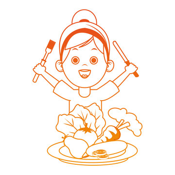 Cute girl eating fruits with cutlery on orange lines vector illustration