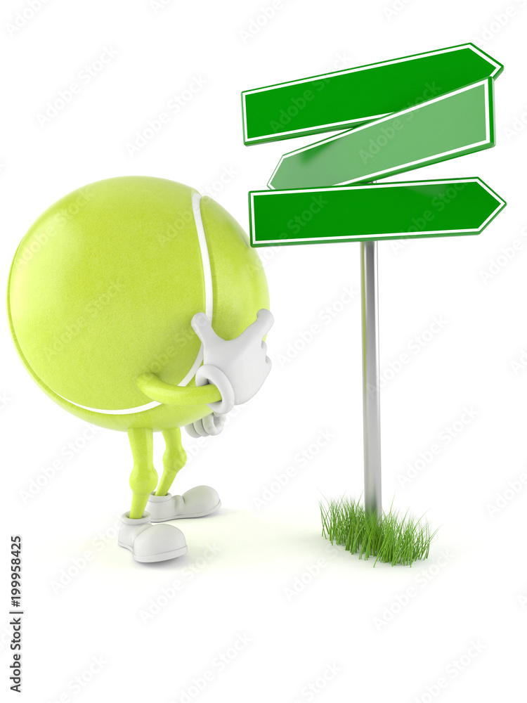 Sticker tennis ball character with blank signpost