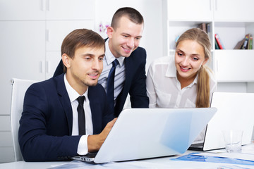Business colleagues occupied with laptops