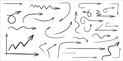 Set of vector curved arrows hand drawn. Sketch doodle style. Collection of pointers.