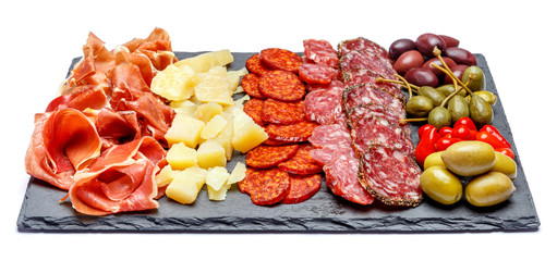 Meat and cheese plate with salami sausage, chorizo, parma and parmesan cheese