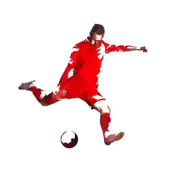 Naklejka premium Soccer player in red jersey kicking ball, colorful polygonal vector illustration