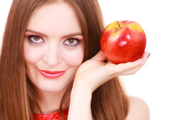 Woman charming girl colorful makeup holds apple fruit